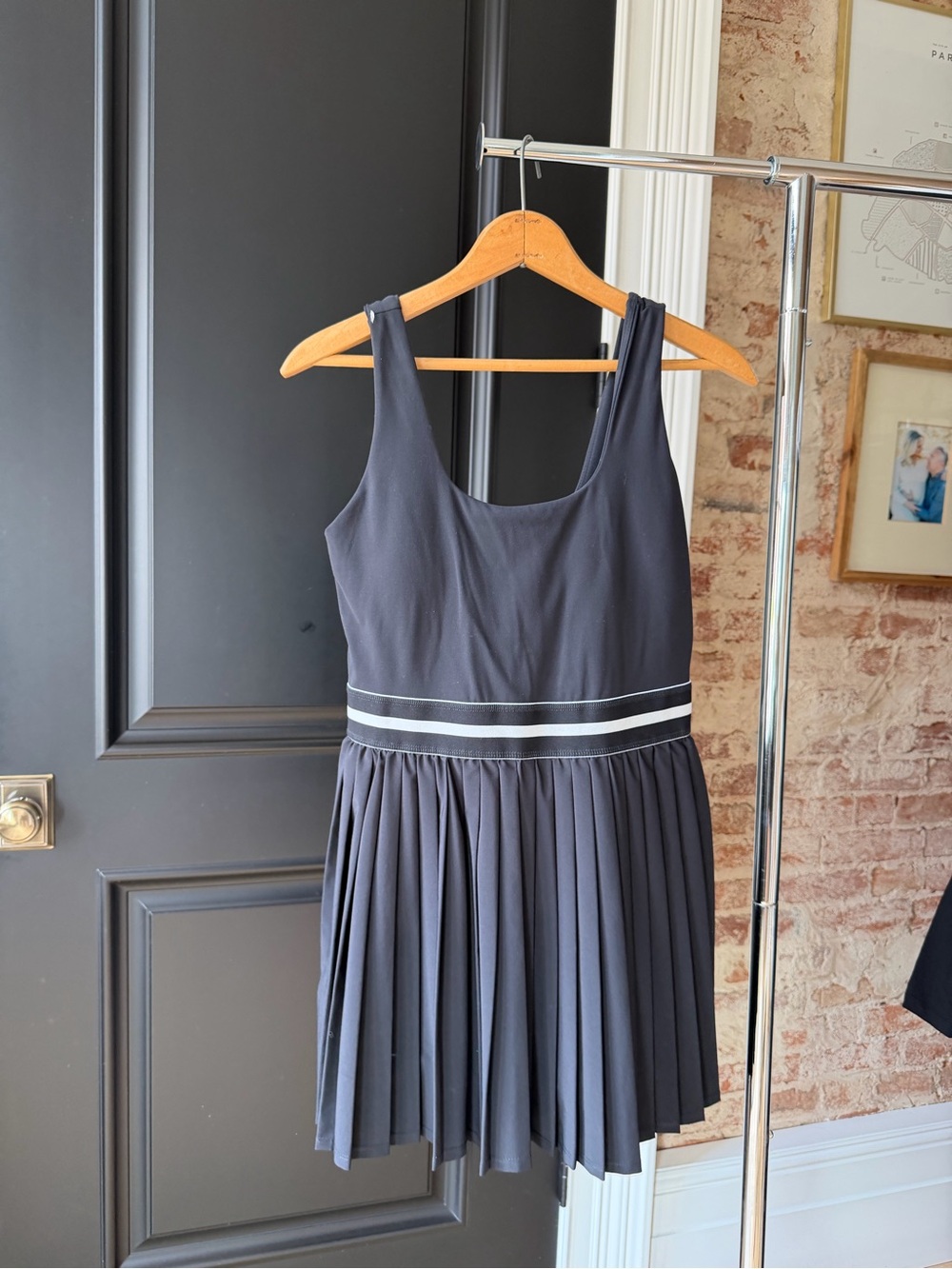 all in motion Black Sleeveless Backless Pleated Tennis Dress with White Stripe